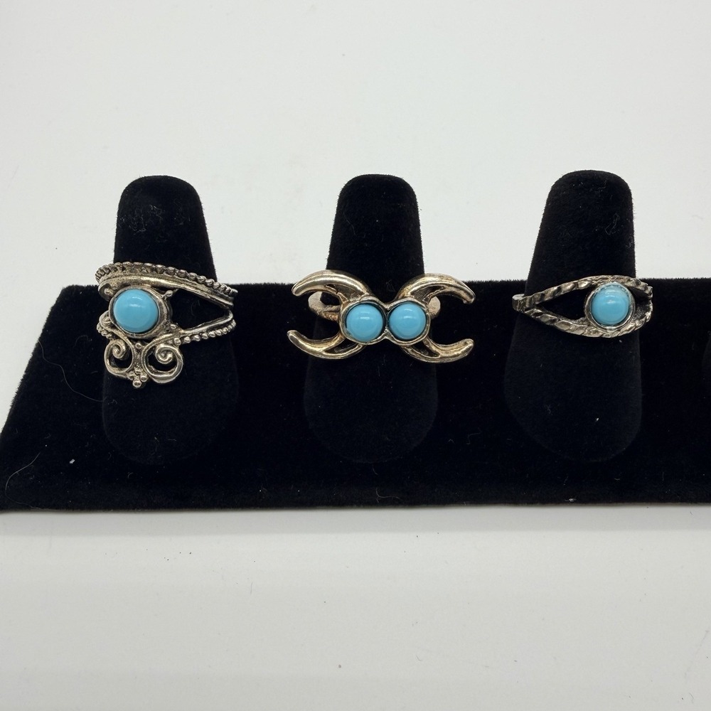 Three Southwestern Native American Turquoise Silver Rings Size 6 Vintage Rings
